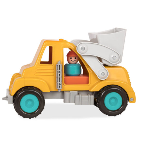 A toy front end loader with a driver character.