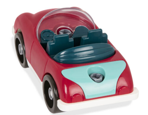A red roadster toy shown from the back.