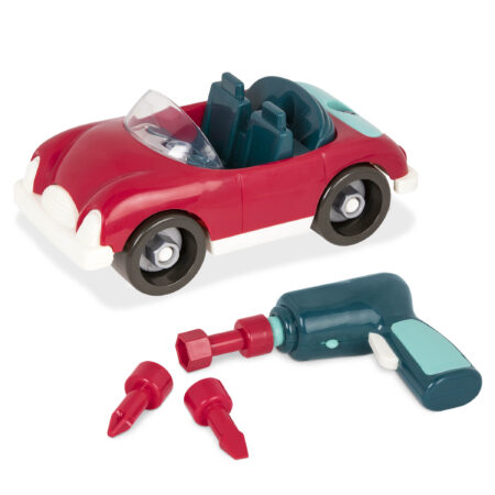 A toy roadster with a toy drill and 3 drill bits.