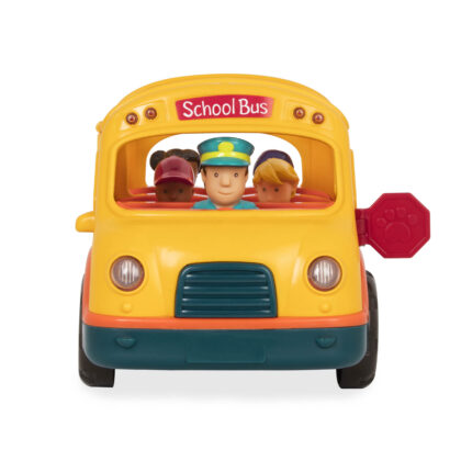 A yellow school bus toy with the stop sign out.