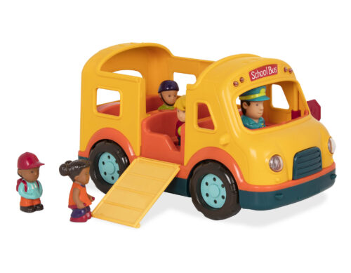 A yellow school bus toy for kids with the door folded down so 2 figurines can get on the bus.