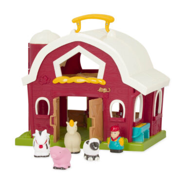 A red barn toy for kids with farmer and animal figurines.