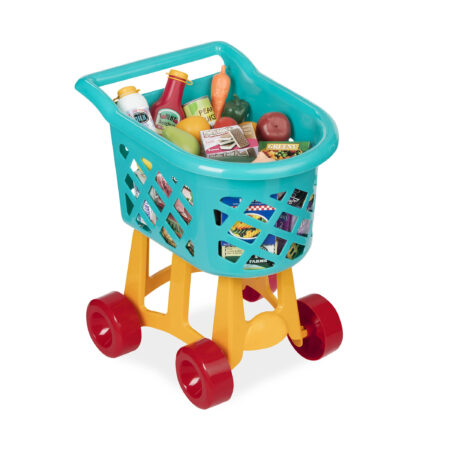 A blue, yellow, and red toy shopping cart full off play food.IAn assortment of play food, there are boxed foods, produce, and more.