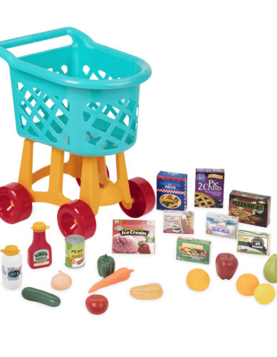 A blue, yellow, and red toy shopping cart complete with play food.