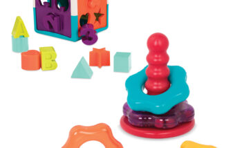 Shape sorter cube and stacking rings for sensory and learning play.