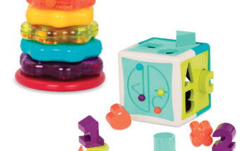 Shape sorter cube and stacking rings for toddlers.