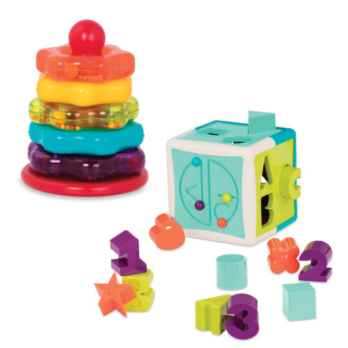 Shape sorter cube and stacking rings