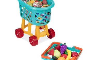 A blue and yellow shopping cart and farmer's market basket, both are full of toy foods.