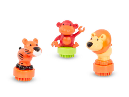 3 animal figures, a tiger a monkey, and a lion.