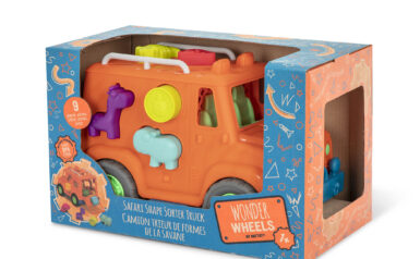 An orange shape sorting truck in the package.